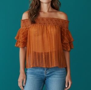 FAVLUX Off Shoulder Cropped Ruffle Keyhole Sheer Swing Copper Metallic Blouse